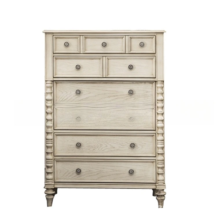 

American solid wood chest, simple living room old carving, Roman column nine bucket locker storage cabinet