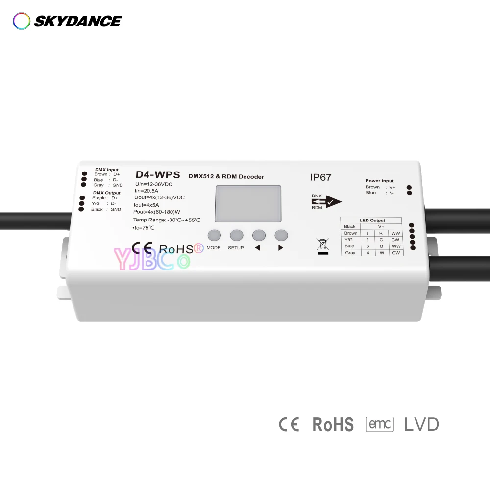 

Skydance Waterproof 4 Channel Constant Voltage DMX512 Decoder 12V-36V 24V 4CH*5A/CH DMX dimmer CV RDM RGBW LED strip controller