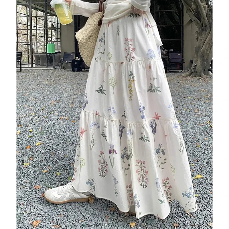 

Французская милая юбка с цветочным принтом, женская свободная повседневная юбка с высокой талией для отдыха, винтажная элегантная лоскутная юбка в консервативном стиле