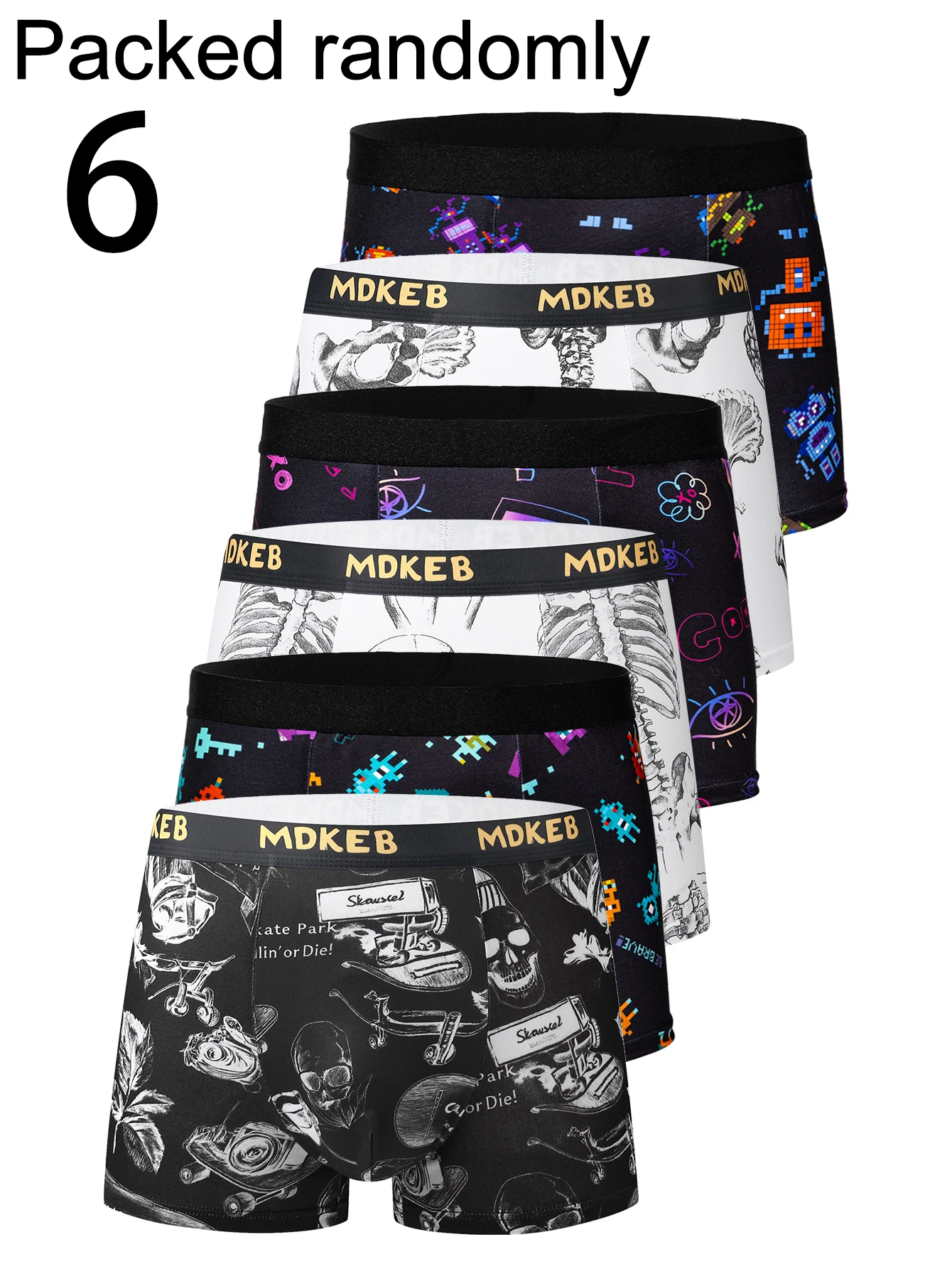 6-Pack Men's Boxer Shorts Pixel Skull Skateboard Print Comfortable Skin-Friendly High Elasticity Close-Fitting Random Shipping