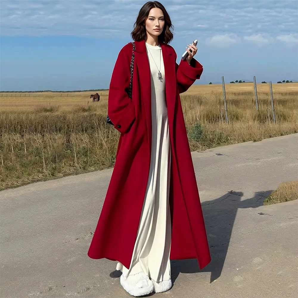 New Women Elegant Double-faced Wool Coat Spring Autumn Fashion Suit Collar Solid Color Loose Long Wool Blends Coat Winter