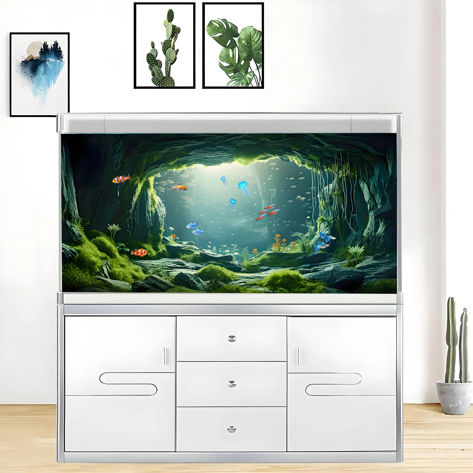 Aquarium-Hintergrund, Hintergrund für Fischbecken, Unterwasserhöhle, Aquarium-Dekoration, selbstklebender 2D-Flachsticker für die Vorderseite. – Detail 2