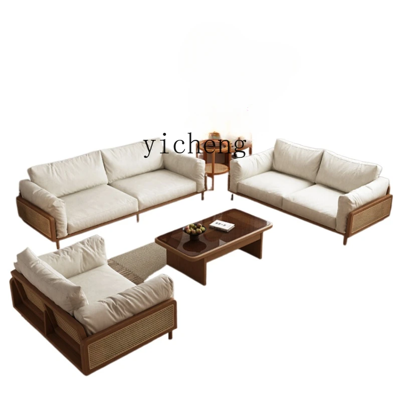 Tqh Solid Wood Rattan Technology Fabric Sofa Straight Row Living Room Log Style Simple Modern