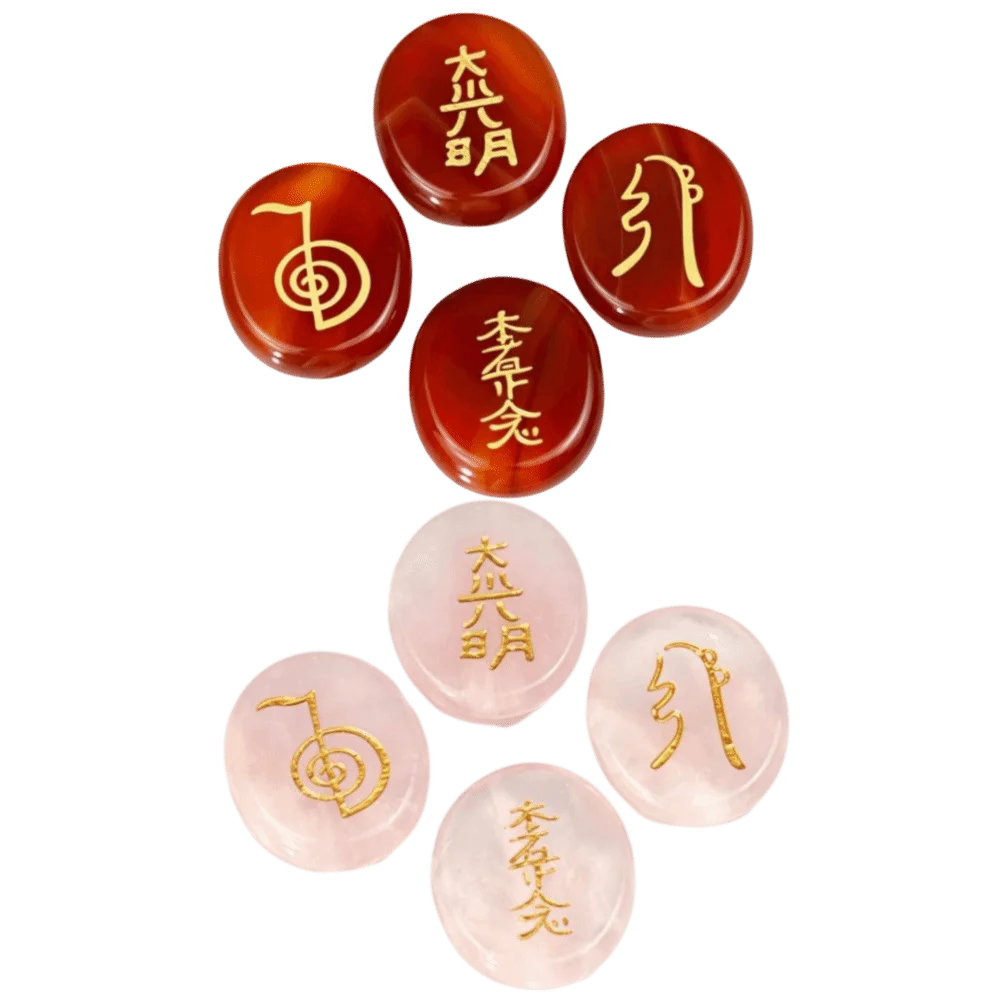 4Pcs Flat Oval Engraved Reiki Stones Red Agate Rose Quartz Meditation Stones Set Engraved Symbols 30 x 25 x 6 mm