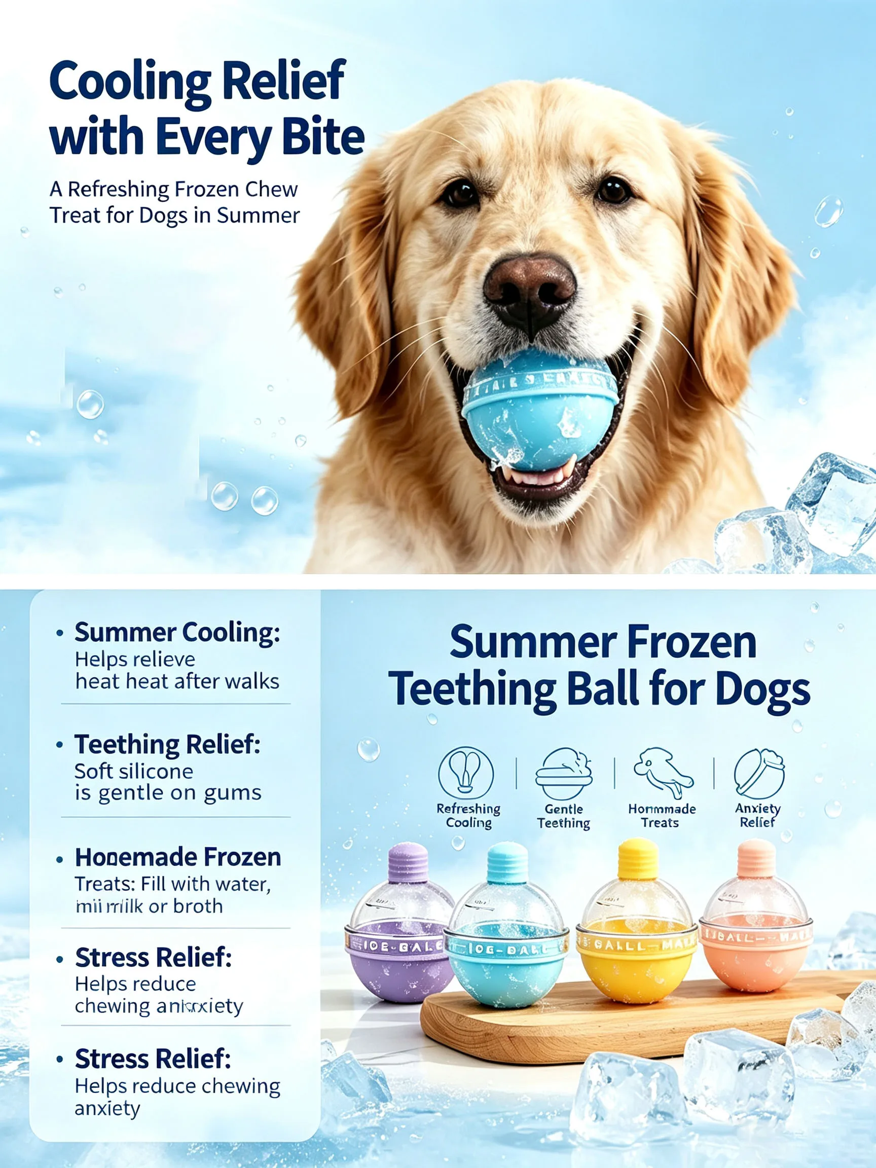 Summer Frozen Cooling Dog Chew Ball Fillable Silicone Teething Toy Heat Relief Stress Anxiety Reducer Reusable Homemade Treat Ma