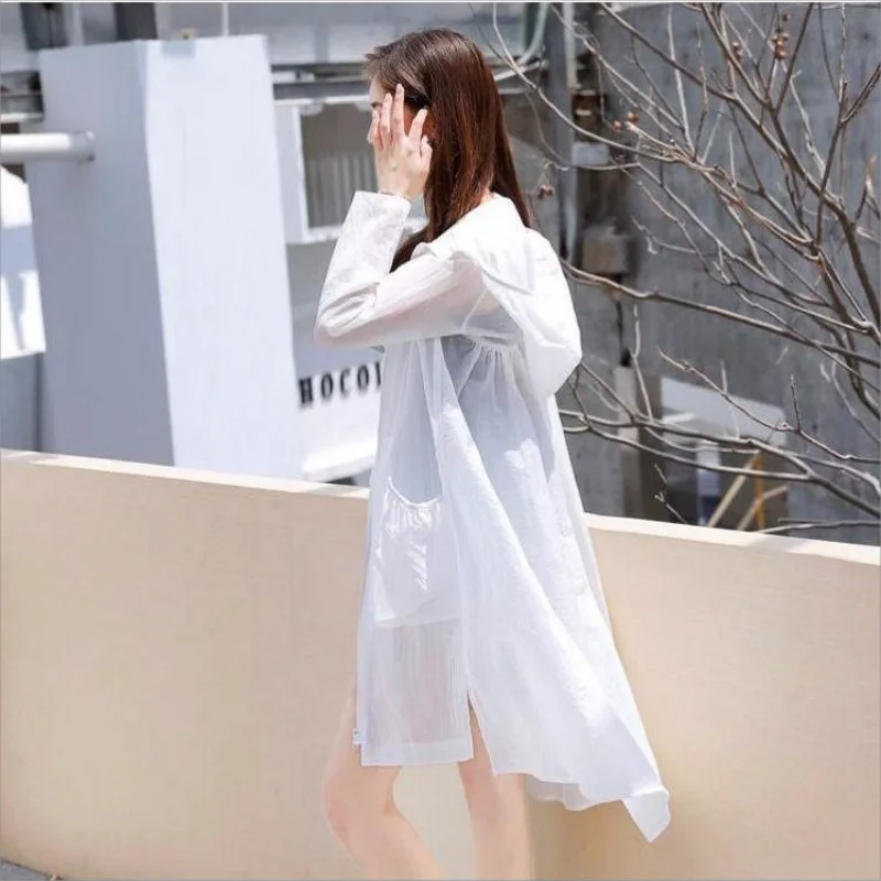 Hooded Sunscreen Thin Mid-length Coat Women Summer UV Protection Jackets Casual Loose Outwear Long Sleeve Korean Fashion