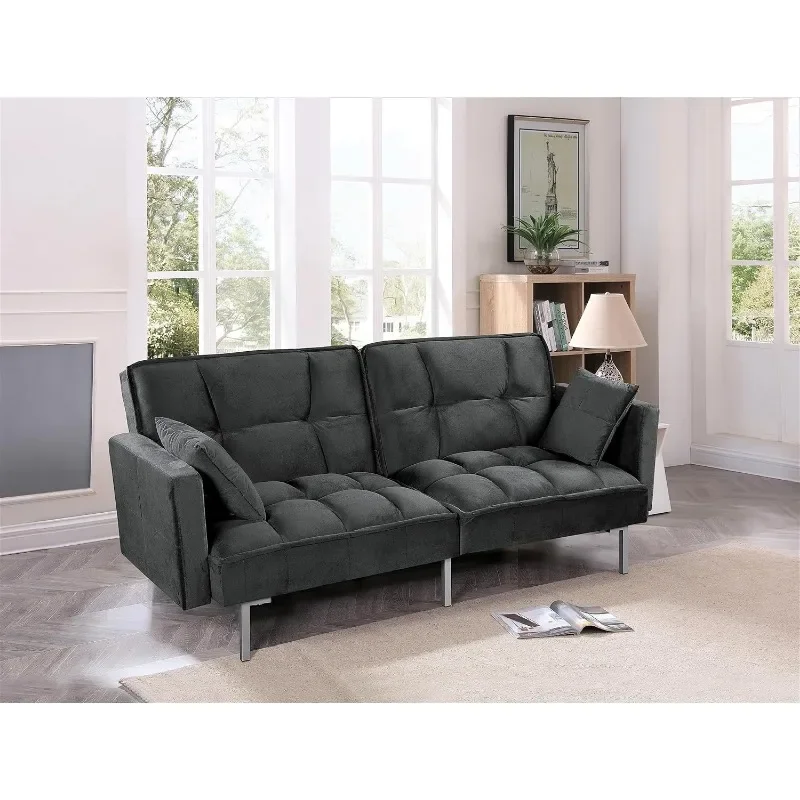 ZHENXIANG Velvet Pull Out Couch with Mid-Century Style, Tufted Design and Metal Legs, Ideal for For Guests and Sleepovers, Black