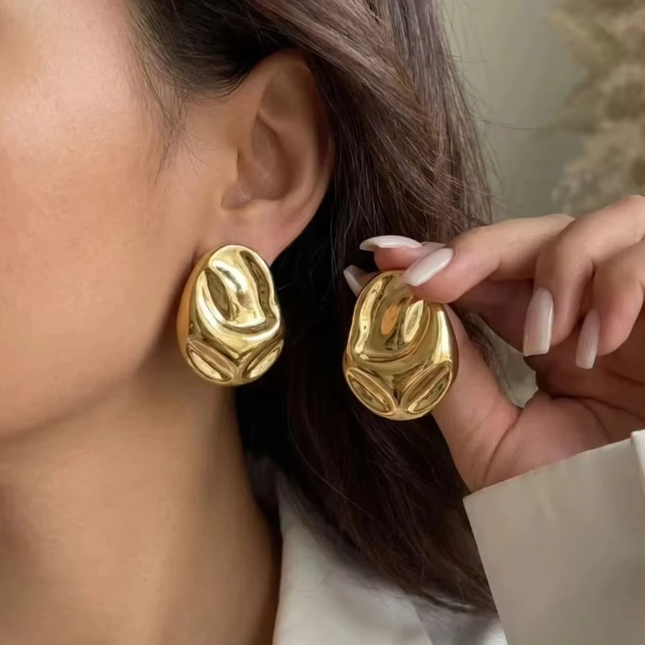 FTCY Fashion Stainless Steel Irregular Oval Stud Earrings For Women Chunky Abstract Texture Metal Earring Party Daily Jewelry