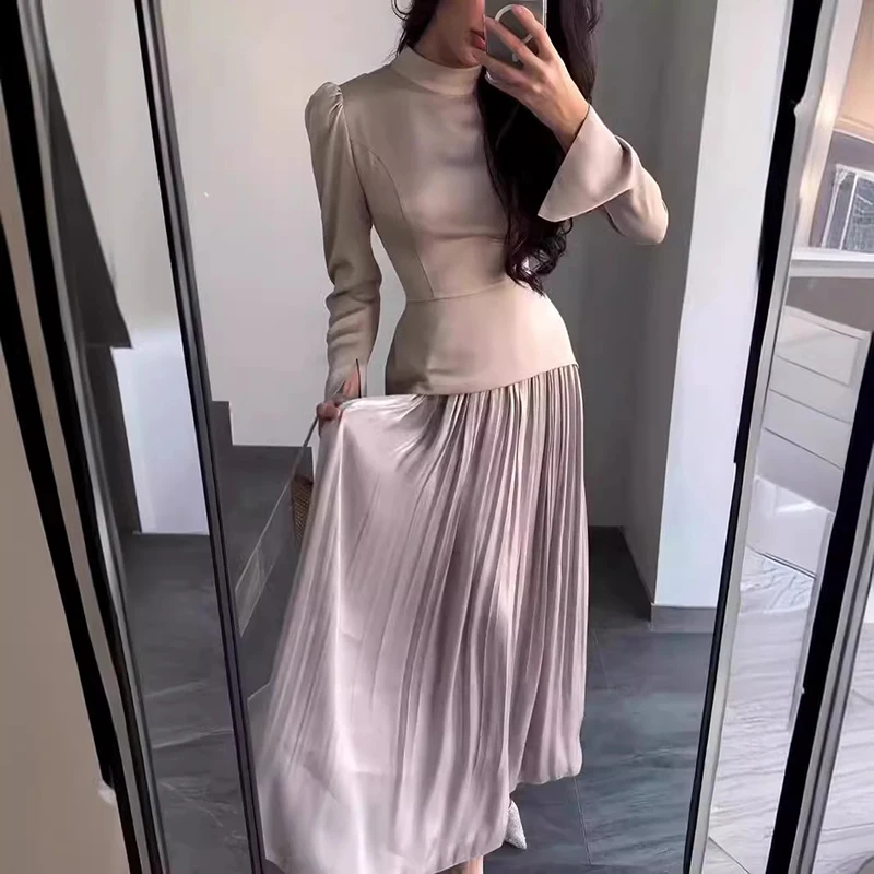 Fashion Tie-up Waist Draped Long Dress Elegant Contrast Patchwork Satin Evening Dress Women Causal Long Sleeve Solid Party Dress