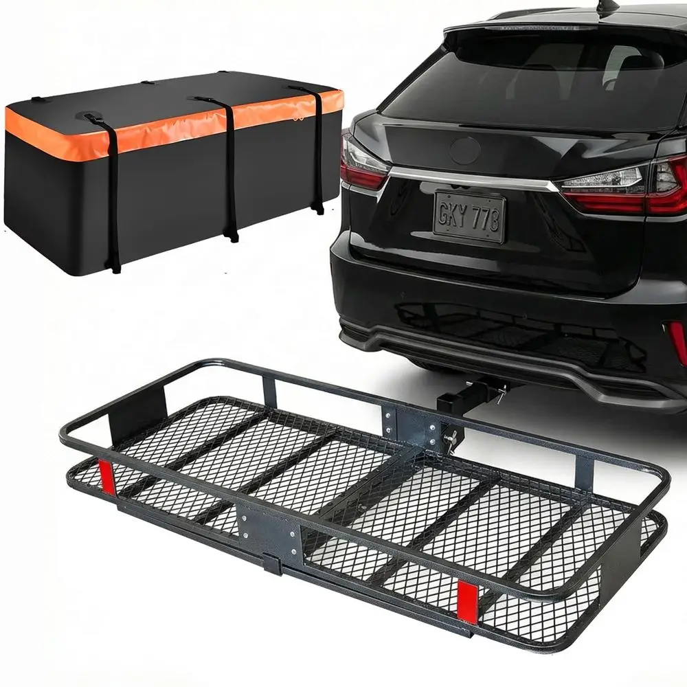 

Hitch Cargo Carrier with Waterproof PVC Bag, 70 x 30 x 6 Rear Basket, 68 x 28 x 33 Bag, 500 lb Capacity, Raised Shank, Fits 2 R