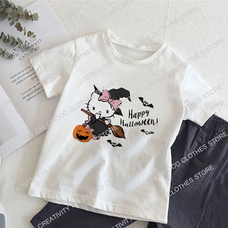 Sanrio Halloween Children T-shirt Kawaii Hello Kitty T Shirts for Girls Clothes Cartoons Casual Fashion Kid Boy Short Sleeve Top