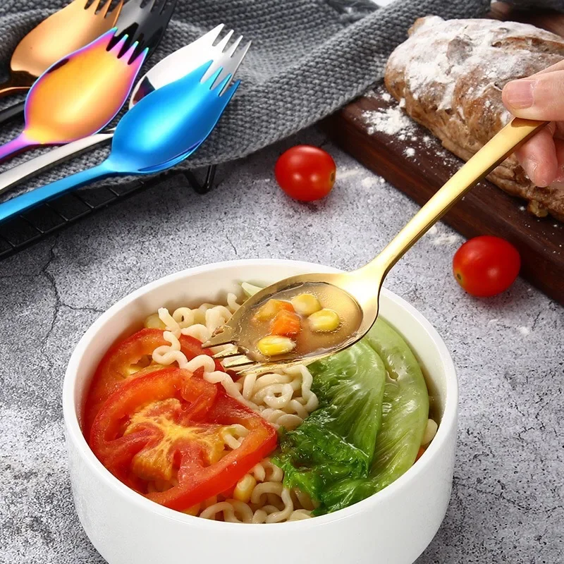 Fruit Fork Spoon Stainless Steel Ice Cream Salad Dessert Tableware Cake Snack Salad Fork Spoon 2 In 1 Colorful Bento Accessories