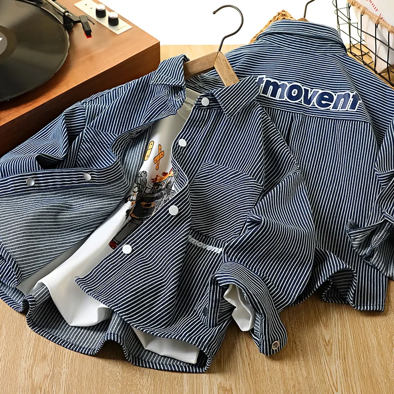 

Boys' denim shirts Autumn clothing New children's Middle-aged children's long-sleeved shirts Striped boys' jackets
