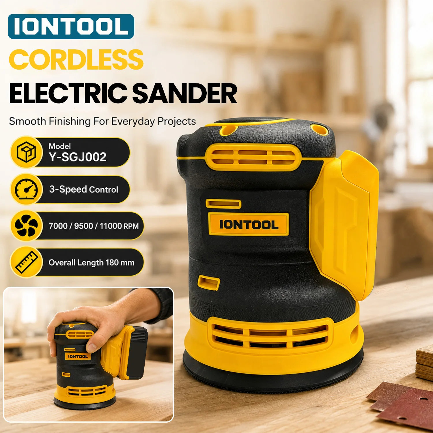 IONTOOL Cordless Sander 180mm 7000/9500/11000RPM 3-Speed Variable for Furniture Polishing and DIY Sanding Projects Tool Only