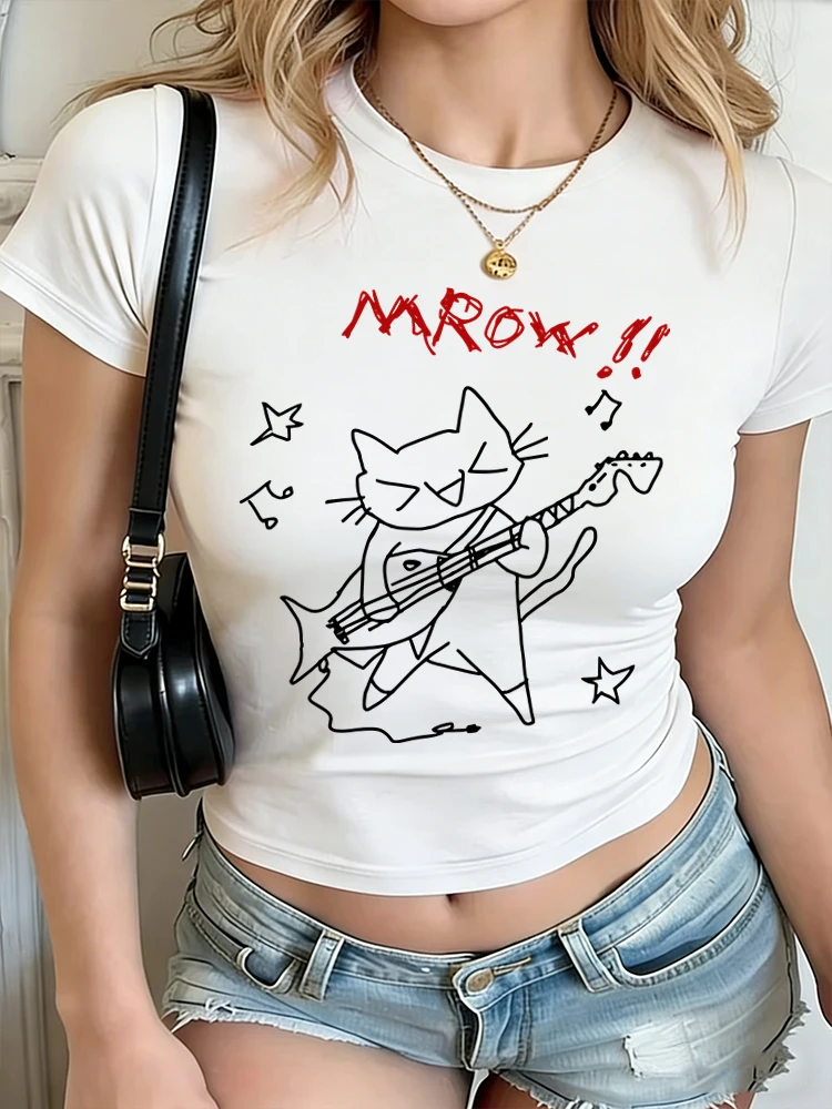 

Rock Cat Playing Guitar Print Crew Neck Crop T-shirt American Style Short Sleeve Tees for Summer Women's 100% Cotton Crop Tops