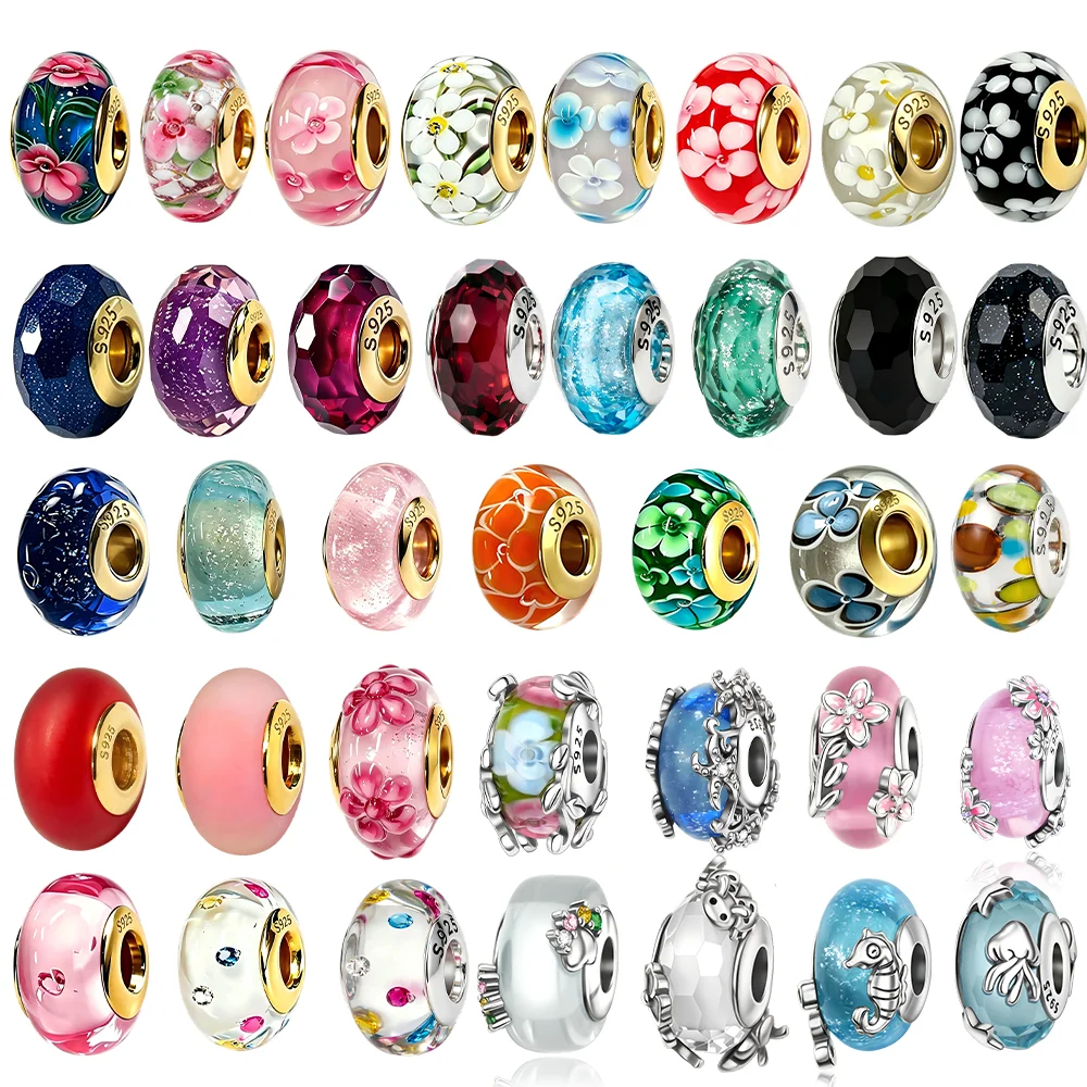 Original S925 Silber Vergoldet Böser Blick Rosa Blumen Murano Glas Charm Perle Passend für Armband DIY Damen Schmuck Geschenk
