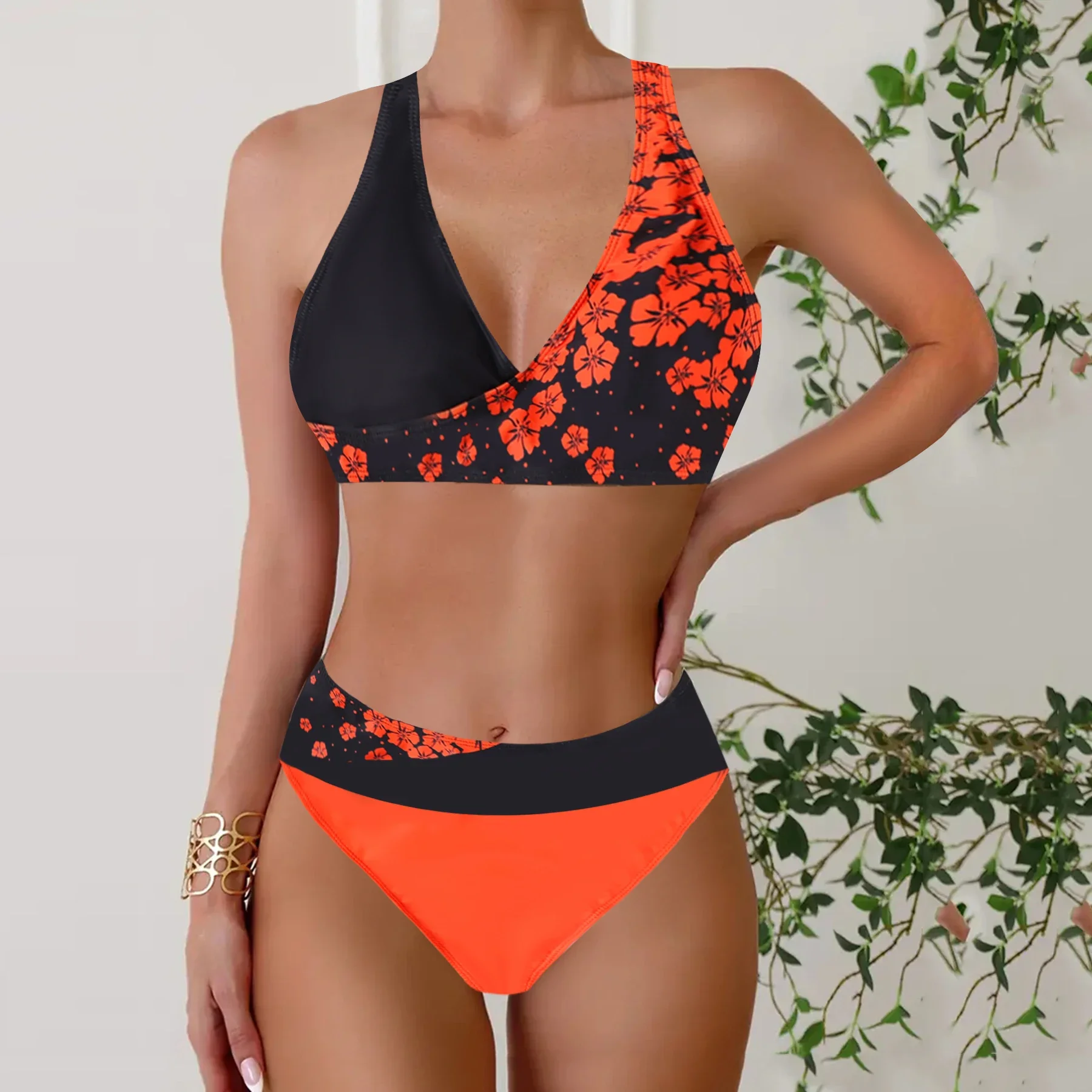Women's Summer Vacation Tankini Set - High Stretch Crew Neck Swimsuit with Random Print, Knit Fabric 2 Piece Tropical Bikini