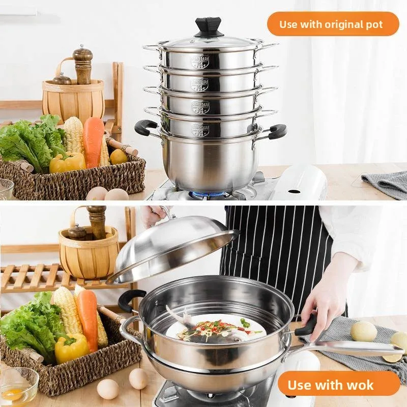 Food Grade Stainless Steel Steamer Pot Multi Layer Home Commercial Use Dimple Design Upper Steaming Lower Cooking Grid Tray