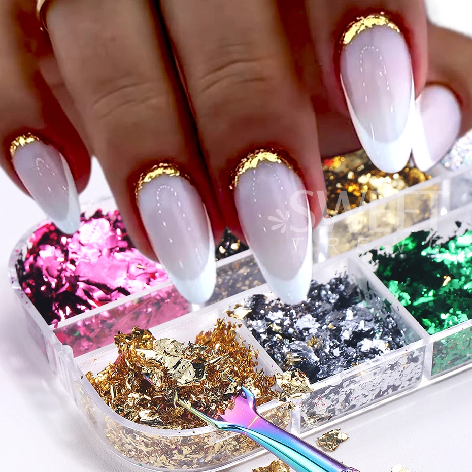 12 grilles feuilles d'or ongles paillettes aléatoires holographiques aluminium feuille d'ongle flocons autocollants paillettes manucure décor fournitures d'ongles