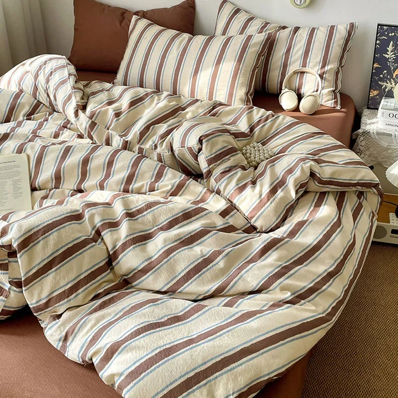 1.5/1.8M Geometric Stripe Bedding Set Japanese Skin-Friendly Bedclothes for Four Seasons Soft Colorfast Bedroom Decor for Adult
