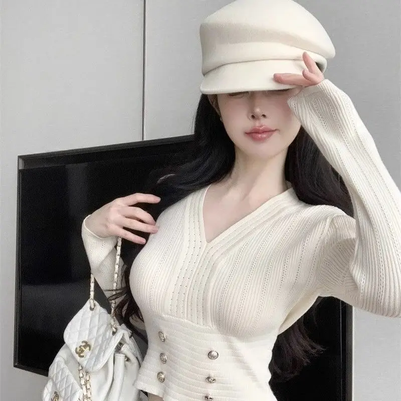 المرأة الخريف الشتاء البساطة مكتب سيدة الخامس الرقبة بلون طويلة الأكمام تريكو السيدات موضة كل مباراة مزاجه القمم