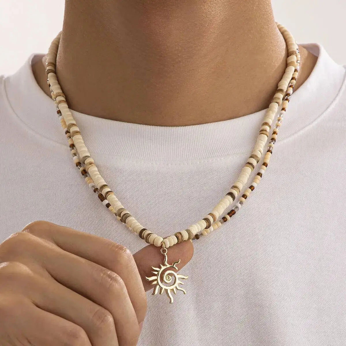 Lacteo خمر العرقية الشمس رمز قلادة قلادة للرجال الاتجاه الإبداعية قشر جوز الهند الخرز الخشبي المختنق قلادة المجوهرات اليومية #1
