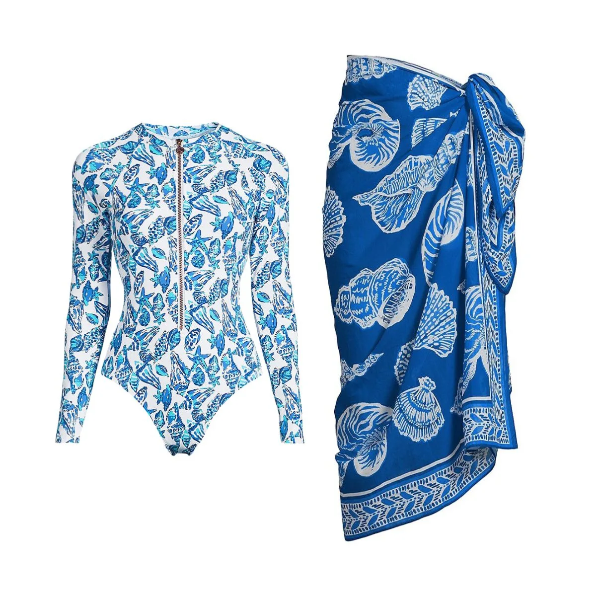 Women's Long Sleeved Zipper Printed Surfing Swimsuit Two-Piece Bodysuit Bikini Set Beach Style Wear Dress Skirt