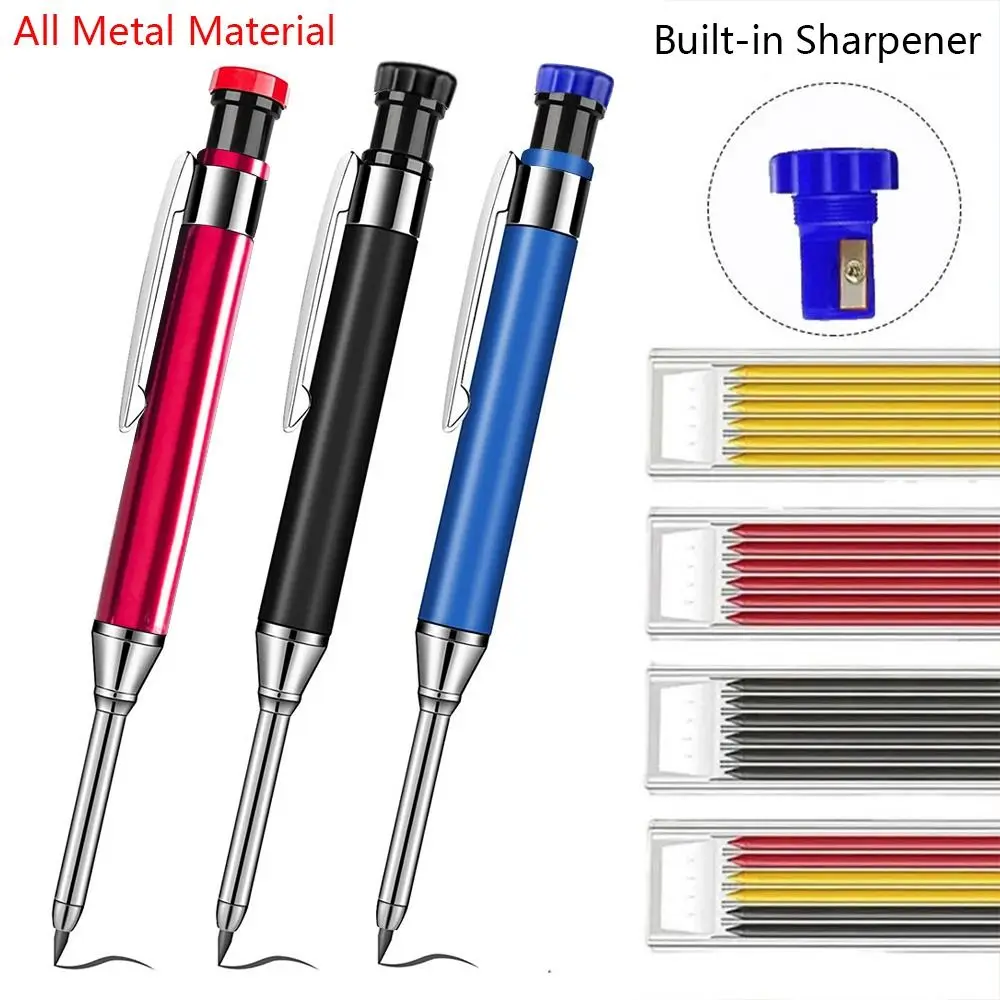 

All Metal Deep Hole Marking Pencil Built-in Sharpener Deep Hole Marking Woodworking Pencil 2.8mm Long Head Propelling Pencil