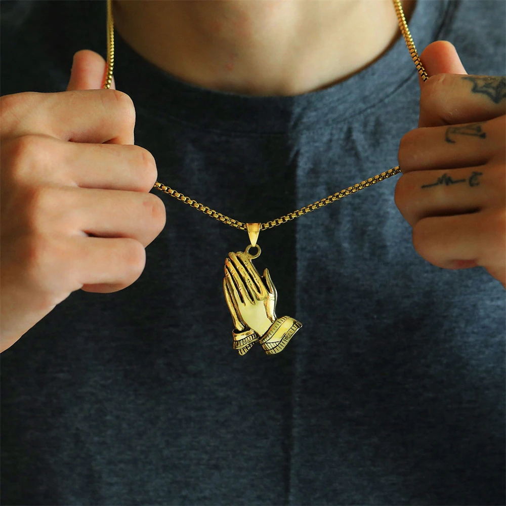 Collier avec des mains en prière pour hommes, bijoux chrétiens, couleur or argent, collier religieux pour femmes, prière de sérénité