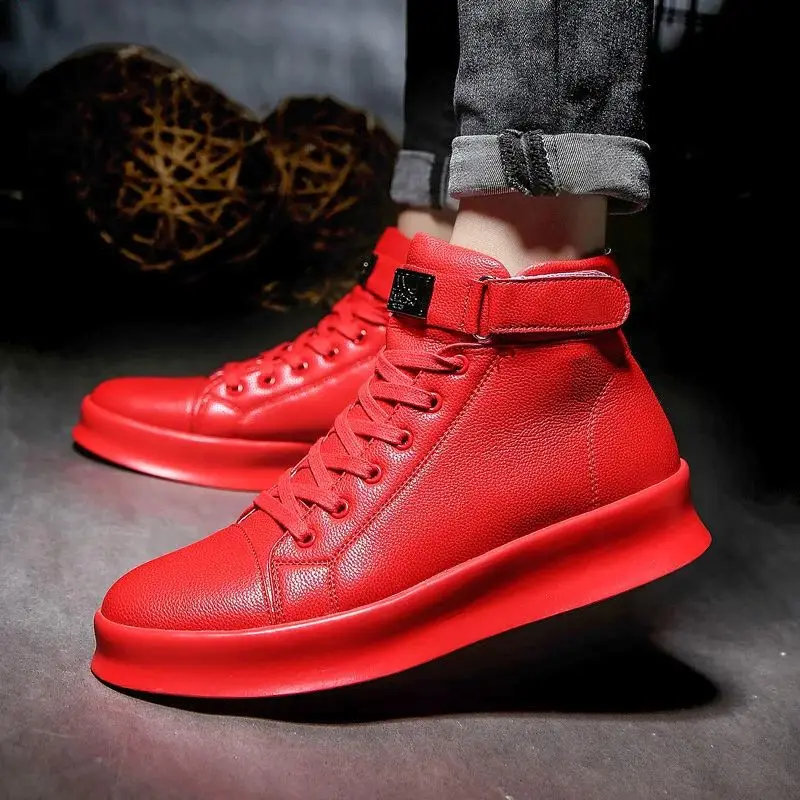 Sapatilhas masculinas de couro PU, sapatos casuais de grife plano, sapatos esportivos respiráveis Hip Hop, vermelho, moda luxuosa