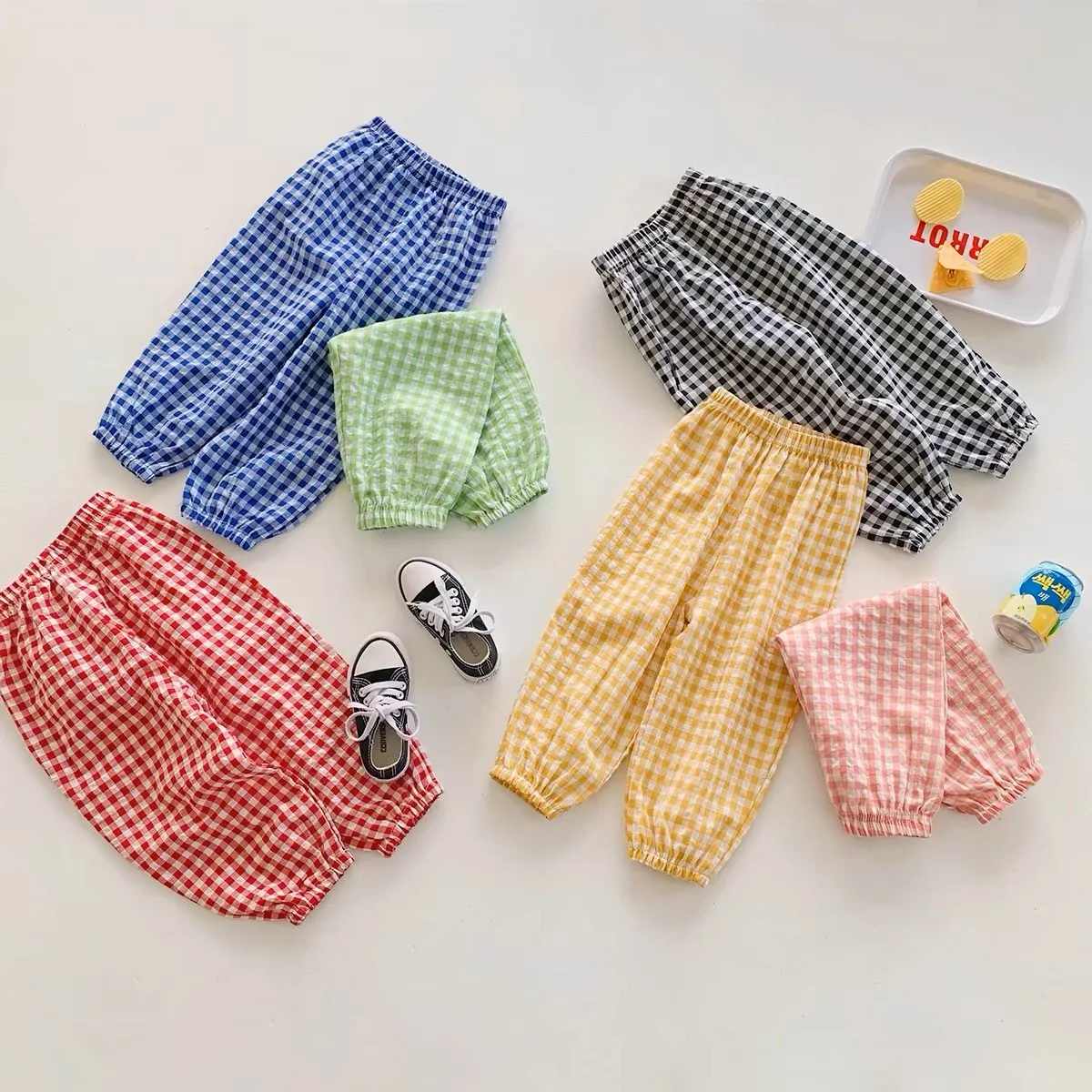 Fashion Popular Plaid Pants Summer Children's Clothes Thin Loose Casual Bloomers Kids Girl Boy Anti Mosquito Pants 0-6 Year Old