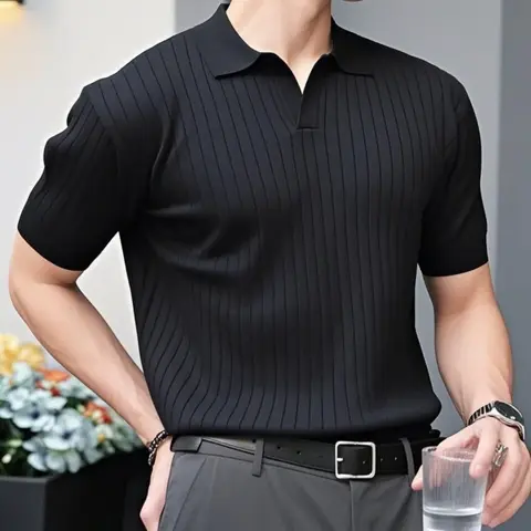Slavinson 남성용 반팔 여름 레트로 니트 옷깃 스트라이프 탑 솔리드 컬러 소프트 통기성 라이트 폴로 니트웨어 남성 미국 사이즈