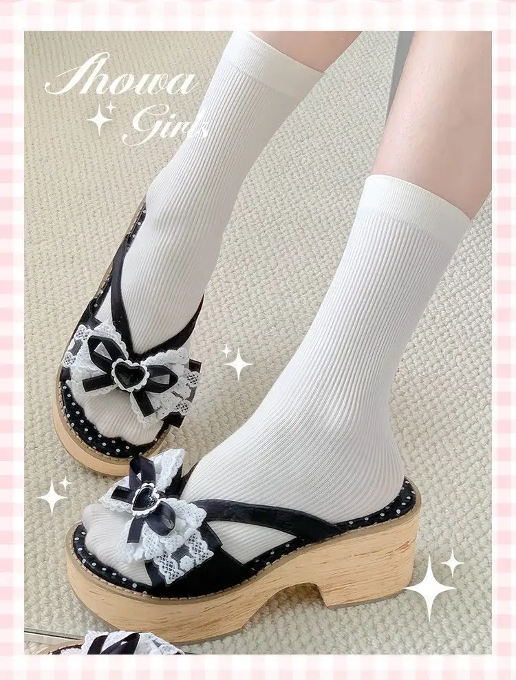 Sweet Bow Wood Grain Thick Bottom Platform Slippers Women Summer Japanese Cos Comfortable High Heeled Sandals