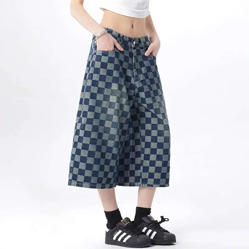 

Men's Jorts Baggy Summer American Washed Plaid Denim Cropped Pants Men's Trendy Shorts Streetwear Summer Y2k Casual L52Z