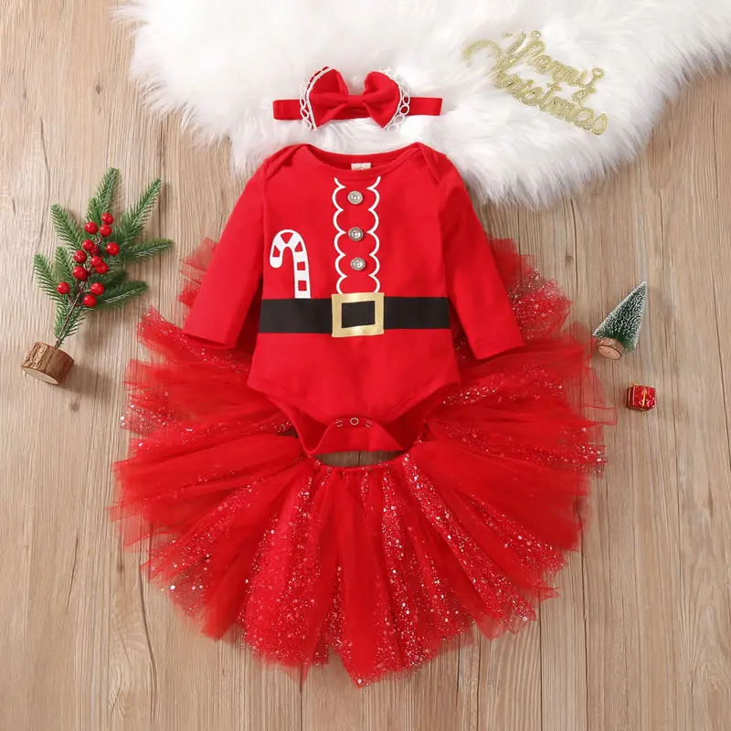 

Christmas Costume For Baby Girl Lace TUTU Dress Set Xmas Infant Bow Headband+Romper+Skirt 3PC Outfit Newborn Tracksuit