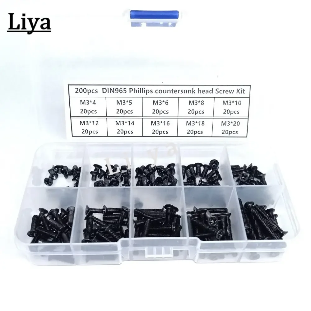 200 Stück M2/2.5/3 * 4/5/6/8/10/12/14/16/18/20 mm DIN965 Kreuzschlitz-Senkkopf-Phillips-Schrauben-Set