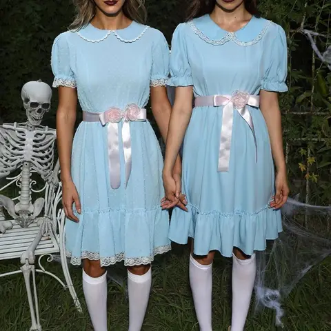 Kostium Halloween Damski Straszne Grady Twins Niebieska Sukienka Babydoll Cosplay Kostium Halloween Przebranie na Imprezę