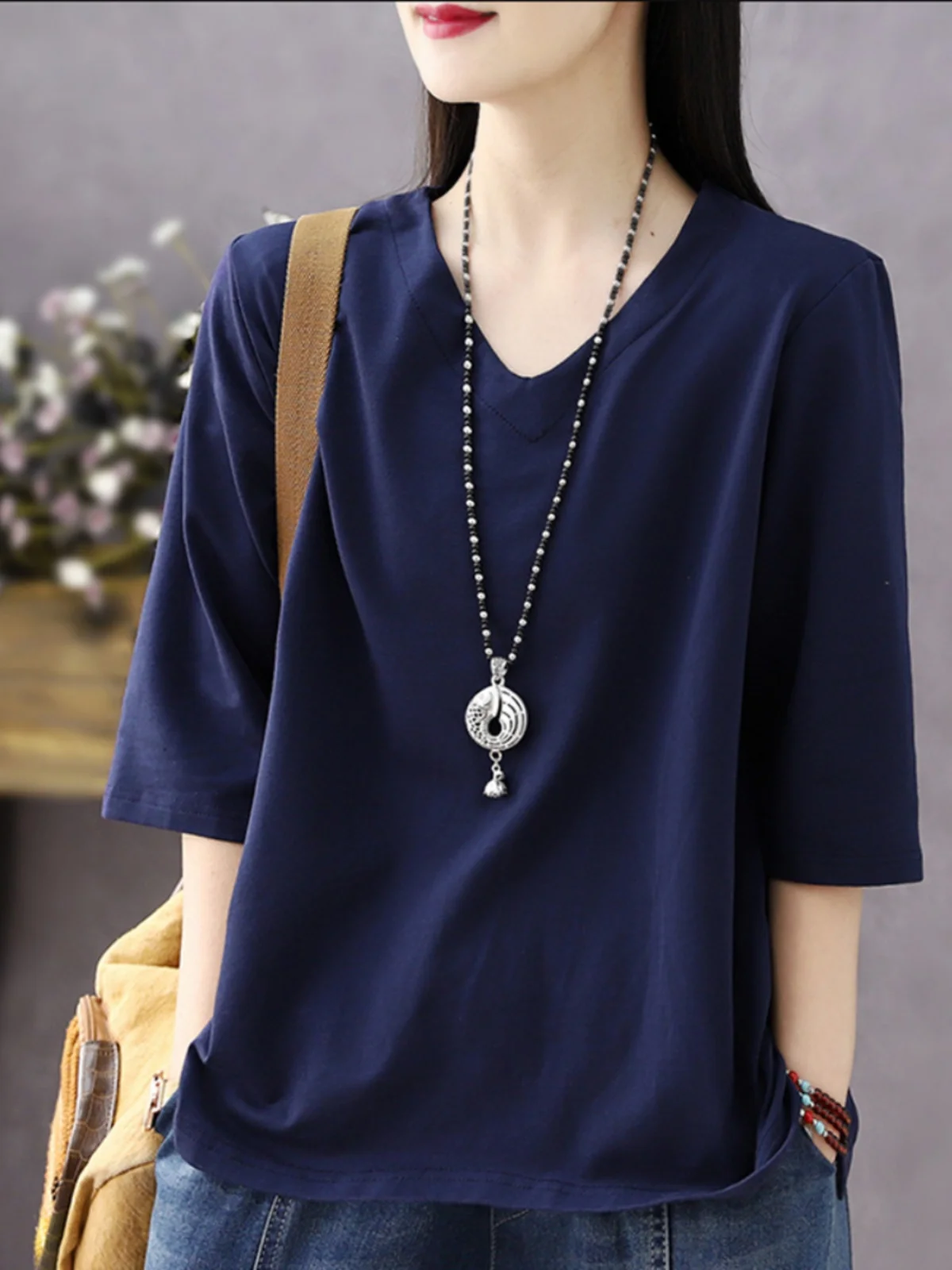 Loose Fit Pure Cotton V-Ne Seven-Quarter Sve Women's T-irt Casual Commute Sle Korean Faion Autumn Base irt