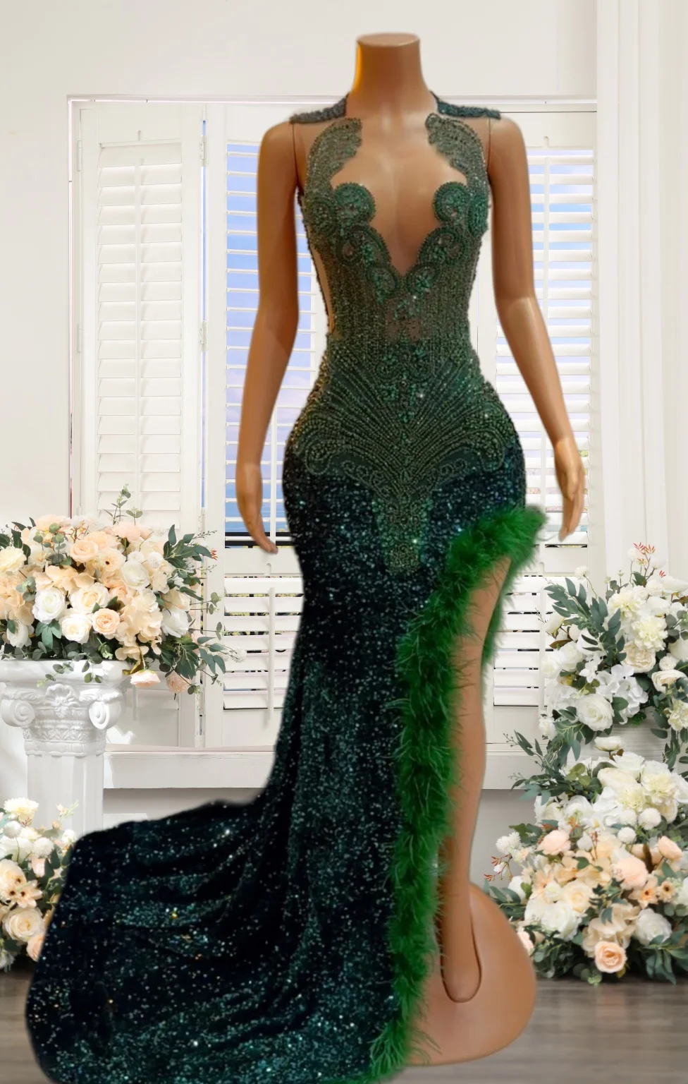 Emerald Green Sparkly Sequin Mermaid Prom Dresses Long for Women 2025 Feather Crystal Diamond Formal Evening Gowns Customized