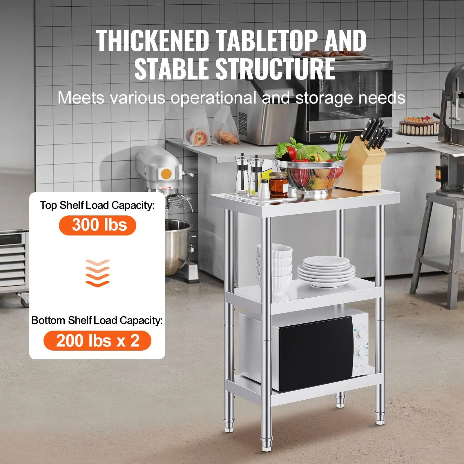 Stainless Steel Food Prep Table, 14 x 24 x 34 Inch Commercial Kitchen Worktable, with 2 Adjustable Undershelf, Heavy Duty Metal