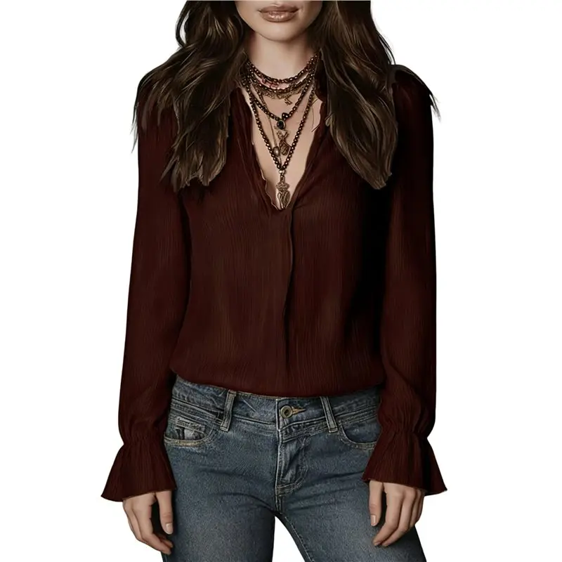 

CYL-Womens Elegant Fashion Solid Color Long Sleeve Turn Down Collar Casual Blouse Shirt Daily Wear Wine Red S