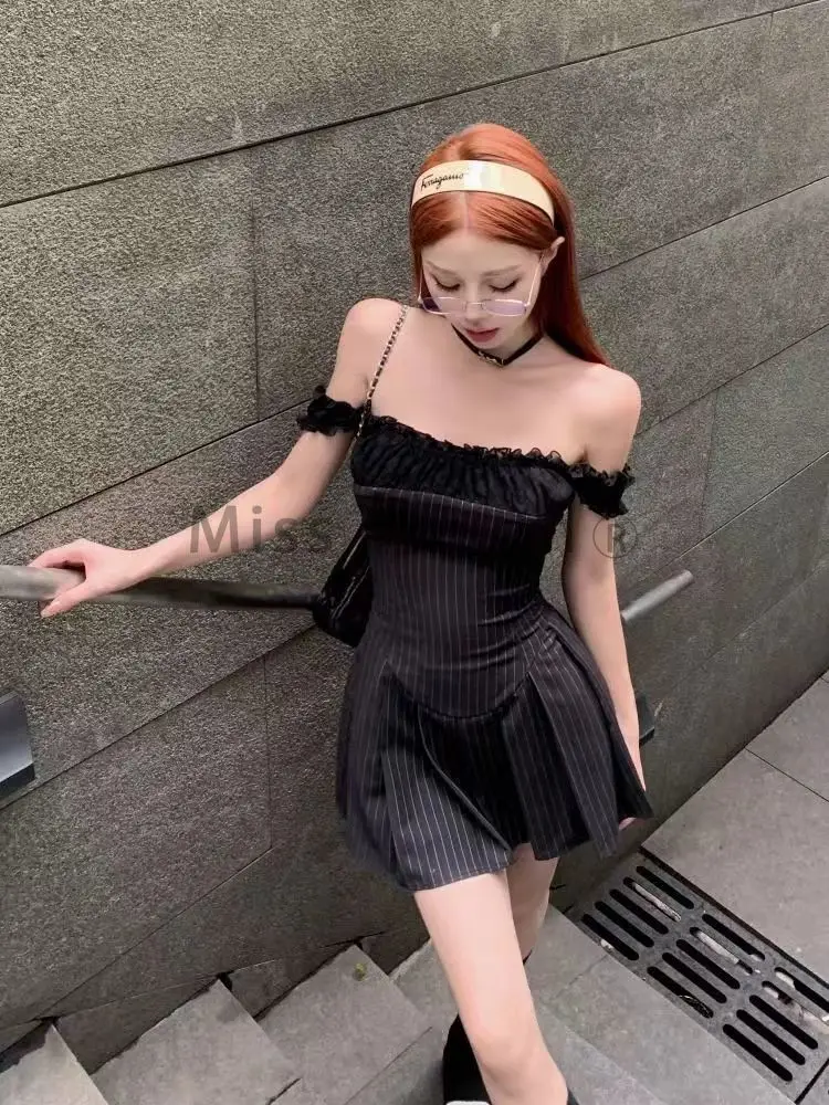 Vintage Stripped Lace Pleated Strap Dress Women 2024 Y2k American Short Dresses Fashion Chic Short Sleeve Streetwear Clothing