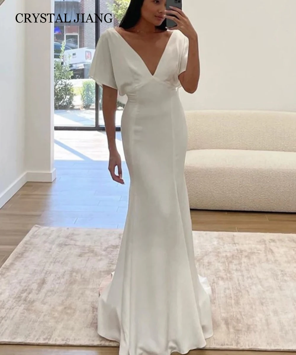 

Classy Long Deep V Neck Charmeuse Wedding Dresses with Short Sleeves Mermaid Sweep Train Vestidos De Fiesta for Women