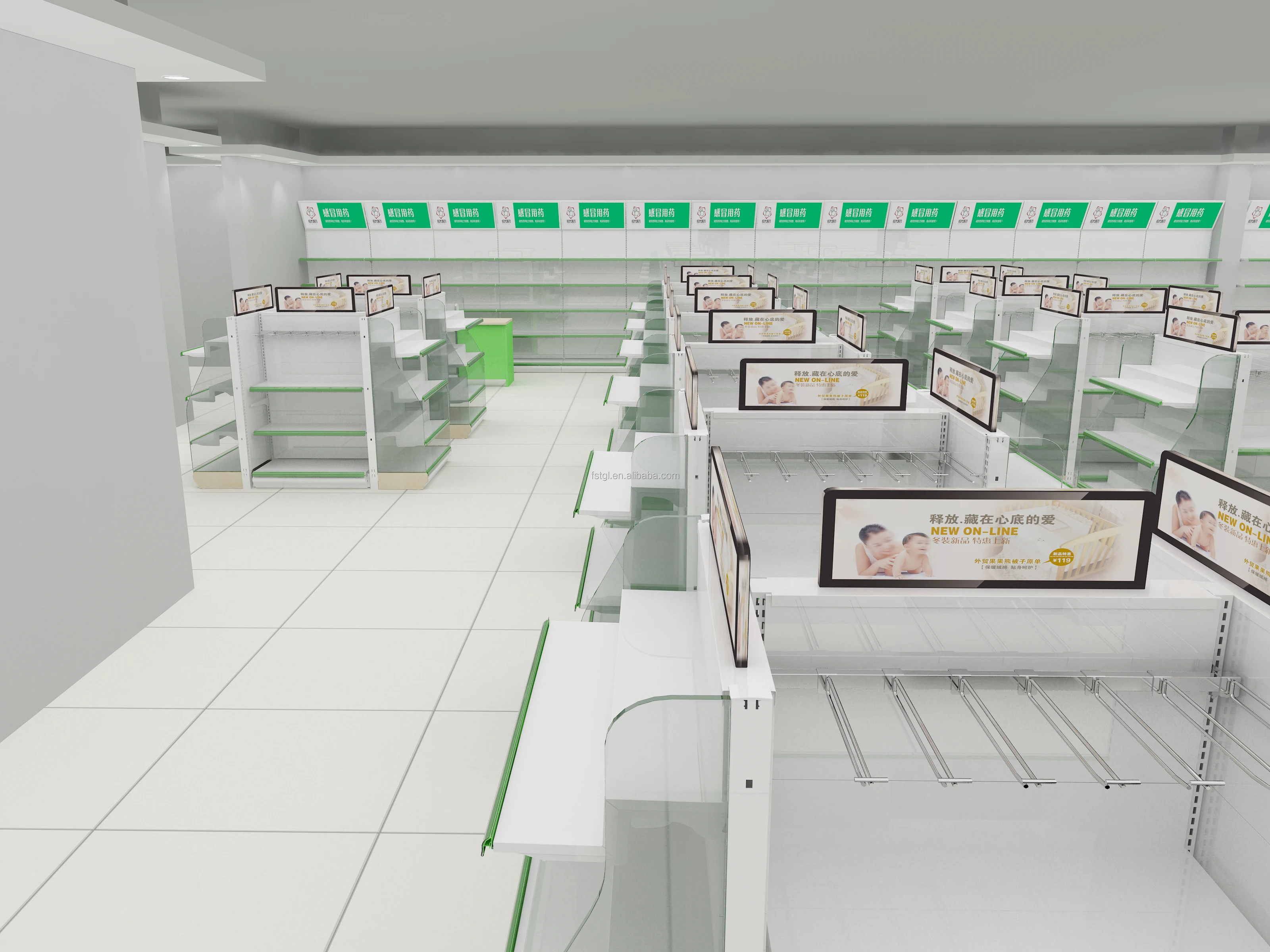 Glass translucent drugstore shelves with lights