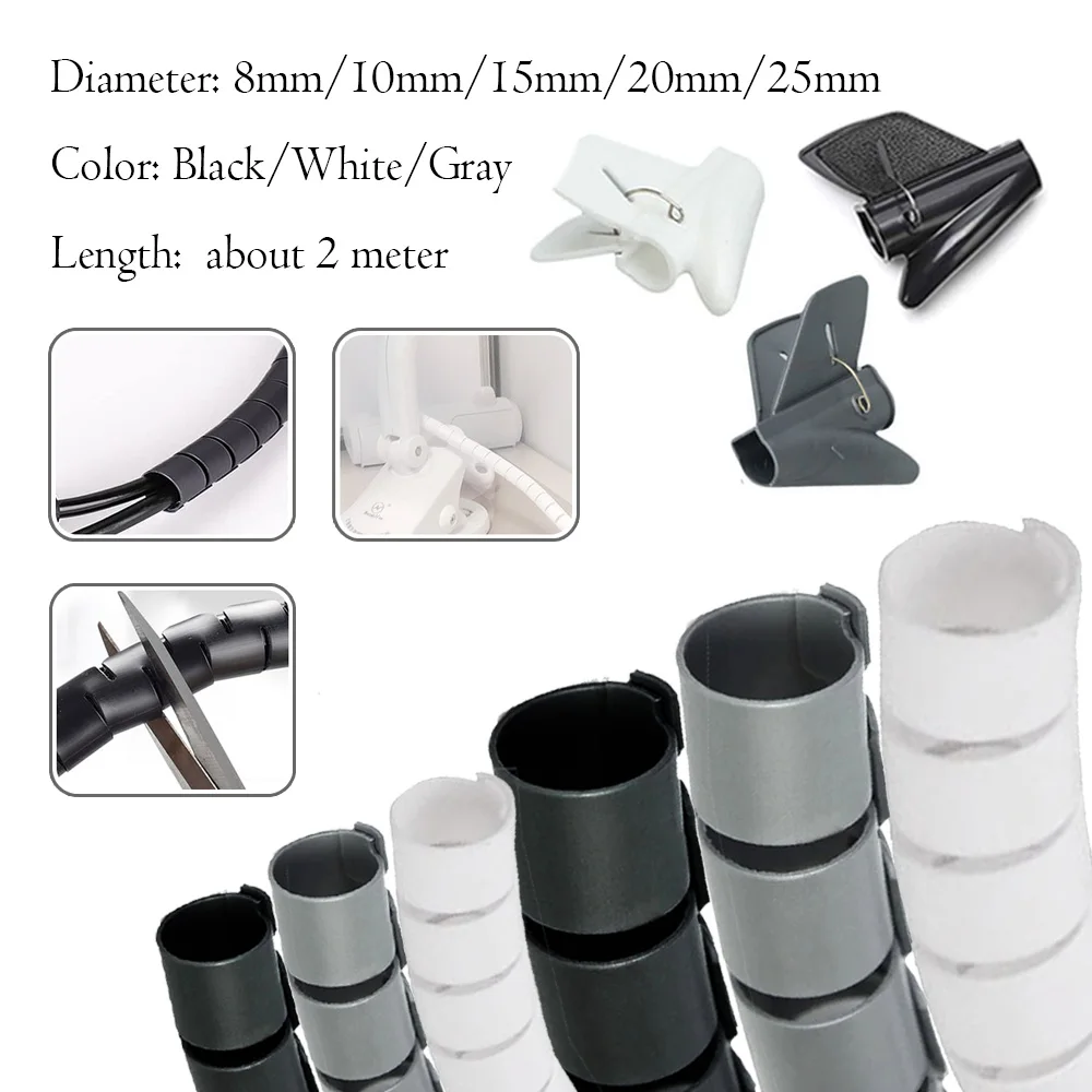 2m Flexible Cable Sleeve, Spirals Wire Wrap Organizer 8-25mm,Cord Management Protector, Desk Cable Tidy Solution,Wire Hider Tube