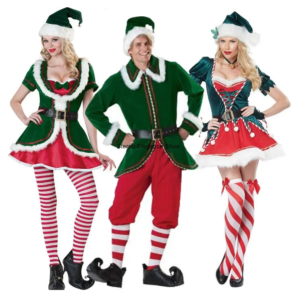 Mannen Vrouwen Fluwelen Kerst Kerstman Cosplay Kostuum Paar Kerstman Uniform Groene Elf Kerst Pak Winter Sexy Fancy Party Dress