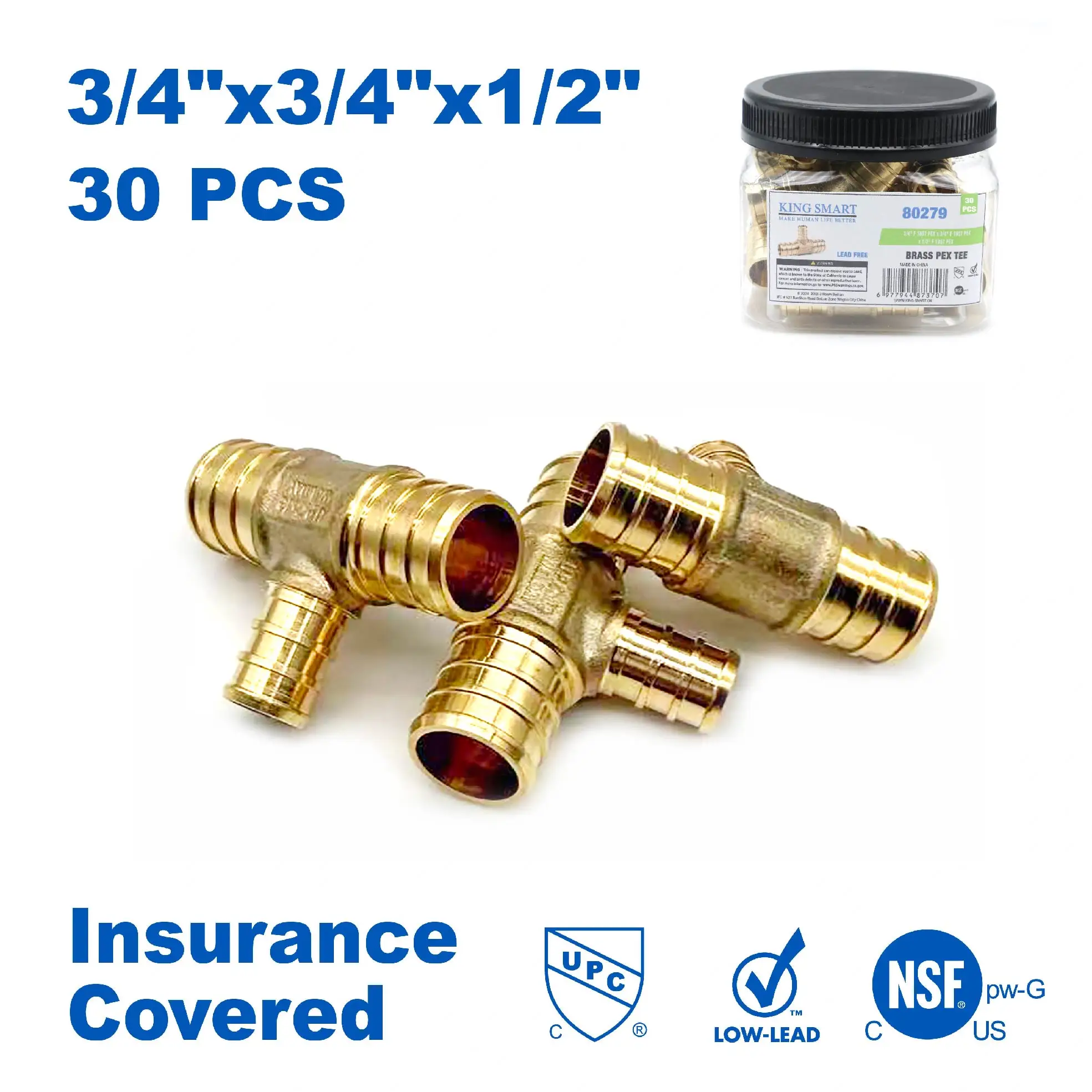 

KING SMART 3/4" * 3/4" * 1/2" Crimp/F1807 PEX Tee; for PEX B/C, PERT Pipe Installation; Lead Free Brass; 30Pcs/Case; 80279
