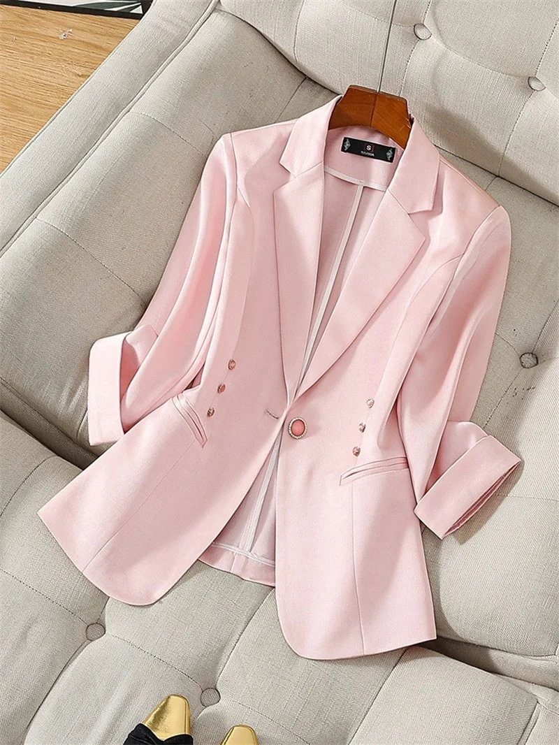Lente Zomer Vrouwen Roze Jasje Nieuwe Zeven Kwart Mouw Dunne Blazers Vrouwelijke Casual Tops Dames Professionele Kantoor Jas