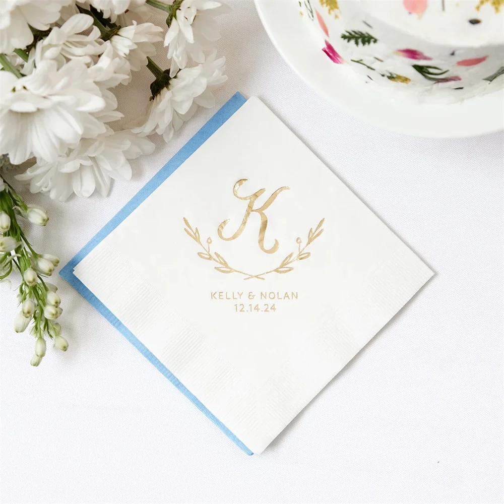 50PCS Personalized Cocktail Napkins with Initial Branches Design - Wedding Cocktail Napkins, Engagement Party, Initial Monogram