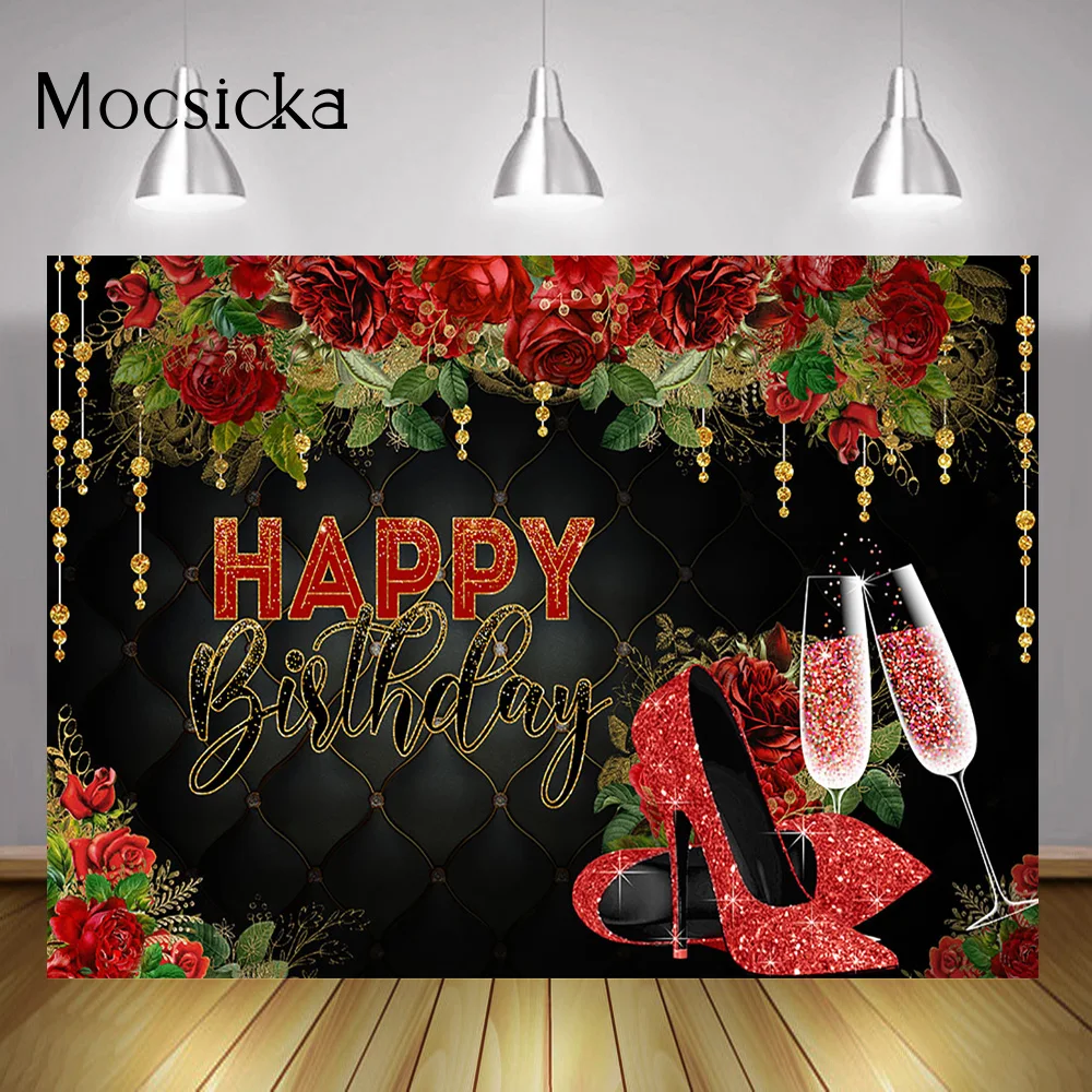 Red Rose Women Happy Birthday Backdrop Flowers Champagne Glitter High Heel Girl Birthday Cake Table Background Custom Party Prop